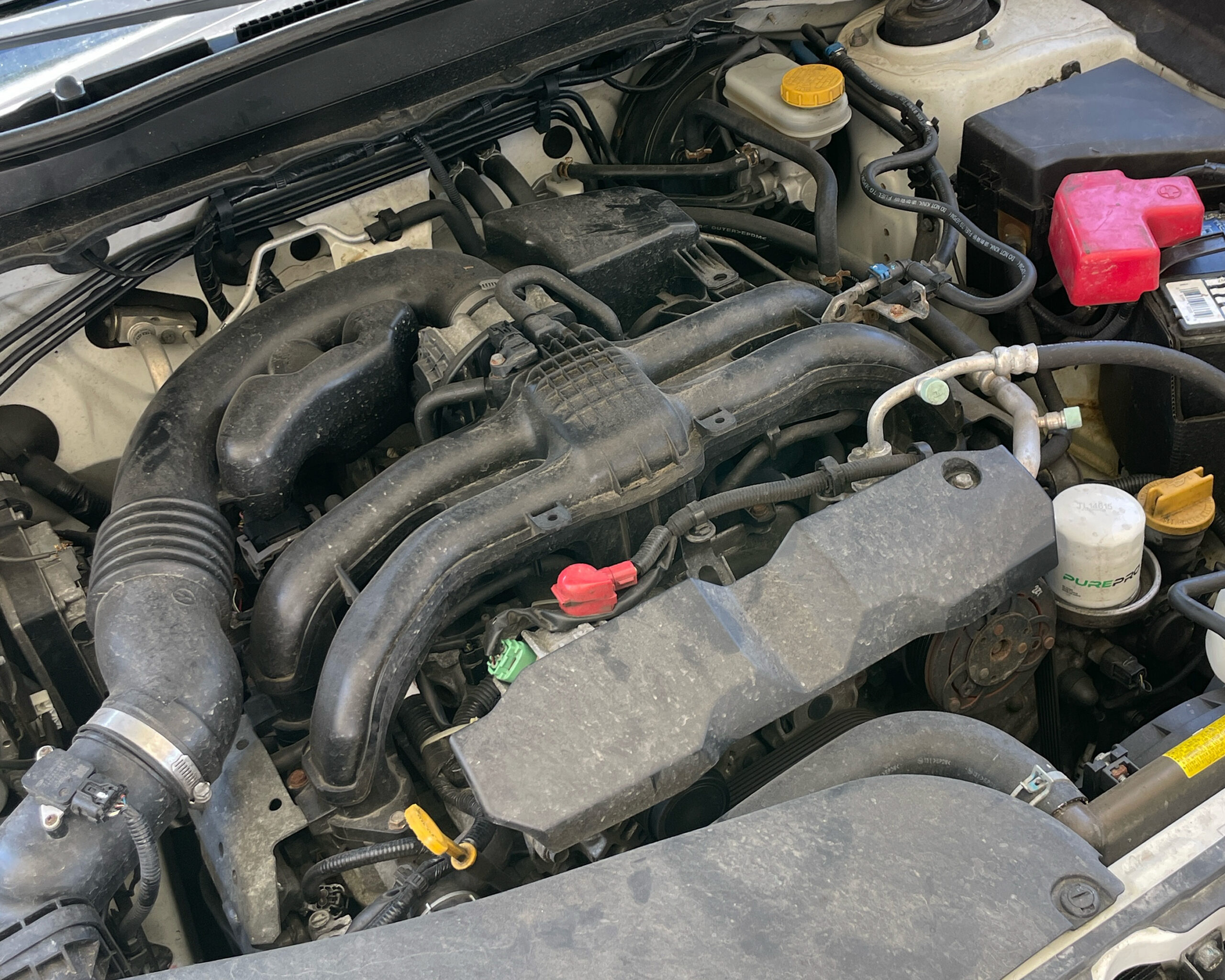 Engine bay before detail — dusty and grimy components